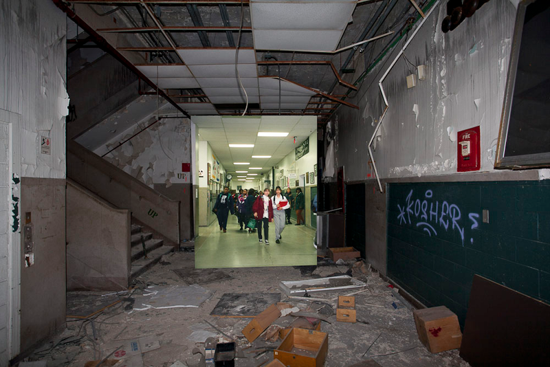 Illustration for article titled Composite photos show a Detroit school before and after it was abandoned